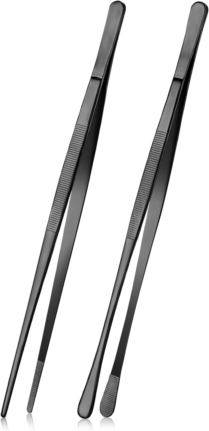 Divris 12-inch Cooking Tweezers Tongs Precision Serrated Tips, Stainless Steel Professional Chef Tweezer Kitchen Tools for BBQ, Plating and Serving (Black 2 Pc/Set): 50 Sets