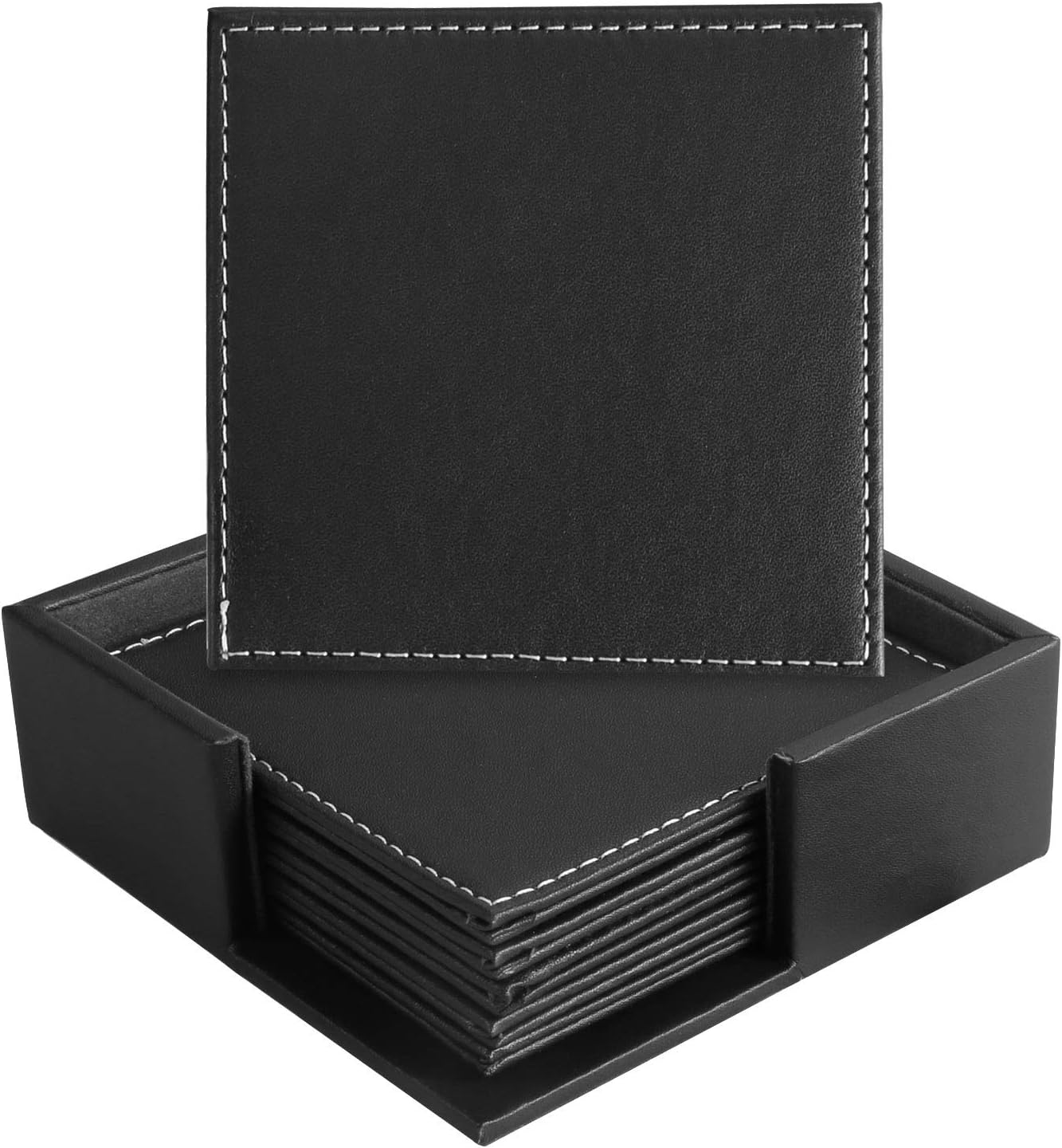Leather Coasters Set of 6 with Holder- Protect Furniture from Water Marks & Damage, PU Leather Drink Coasters Cup Mat 