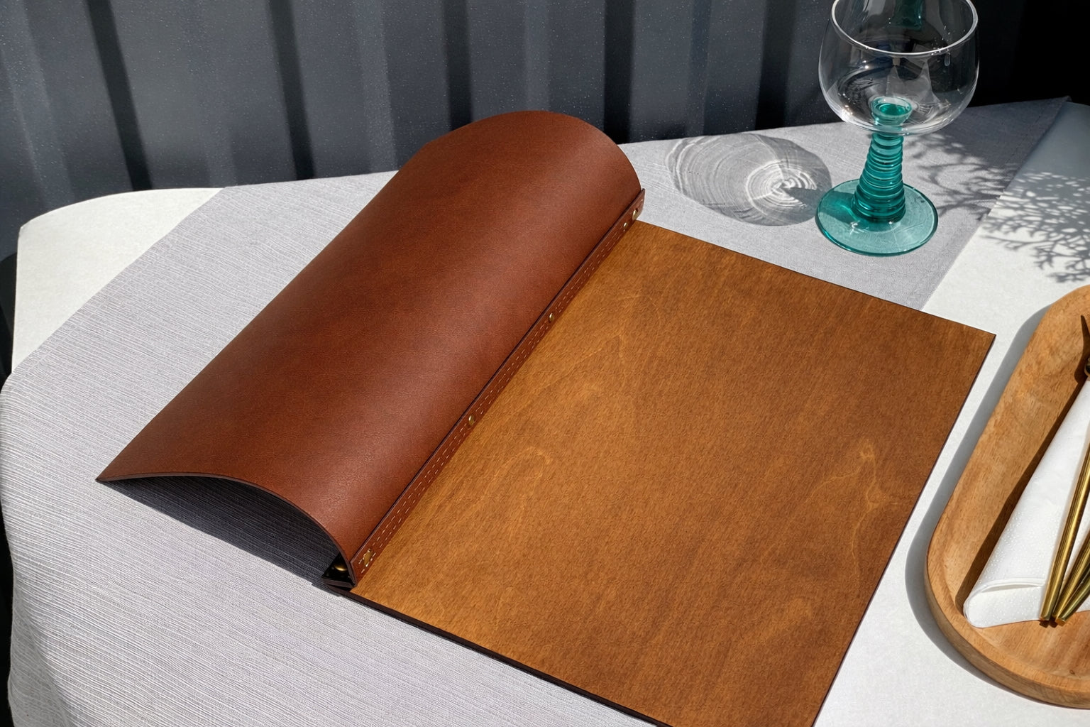 Divris Wooden Menu Cover with Dark Brown PU Leather Closing