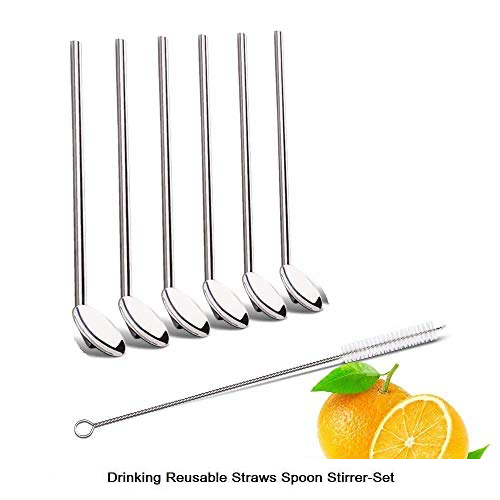 Reusable Stainless Steel Drinking Spoon Straws 8 '', Food Grade Reusable Straw Stirrer for Restaurant, Hotel and Home Use with Cleaning Brush