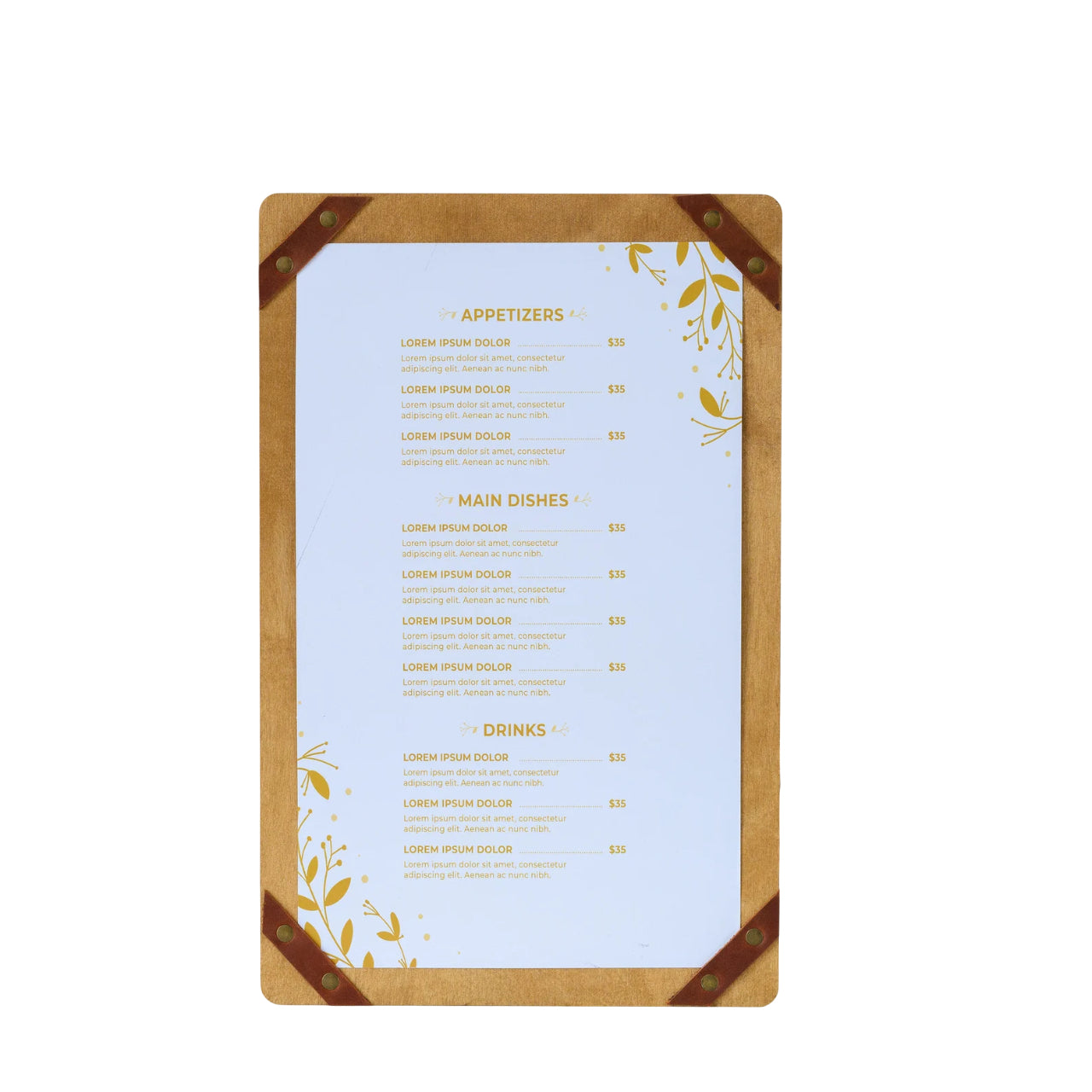 Divris Wooden Menu Pad with leather strap corners
