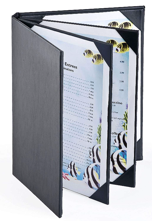 Restaurant Leather Menu Covers Folder 9x12" Inches, 4 panel 6 view folder: Black