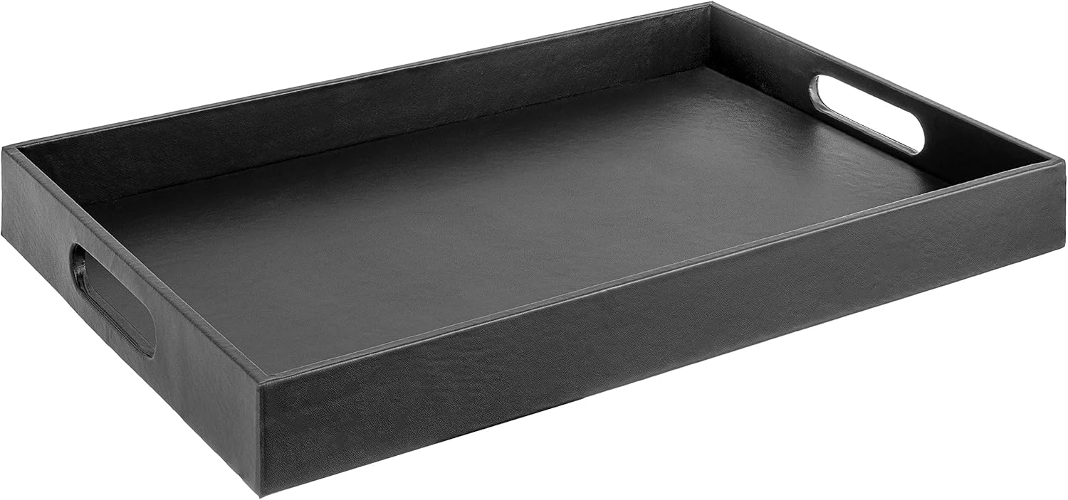 Room Service Tray, Rectangle Classic Black Faux Leather Decorative Tray Coffee Table Living Room Kitchen Serving Tray with Handles for All Occasion's