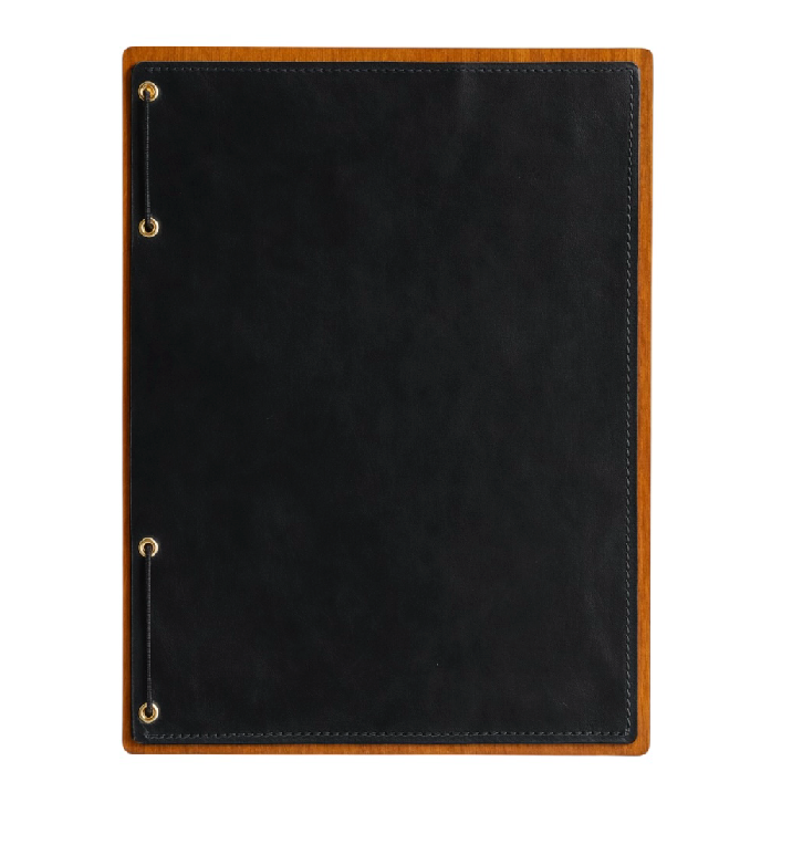 Divris Wooden Menu Cover with Dark Brown PU Leather Closing
