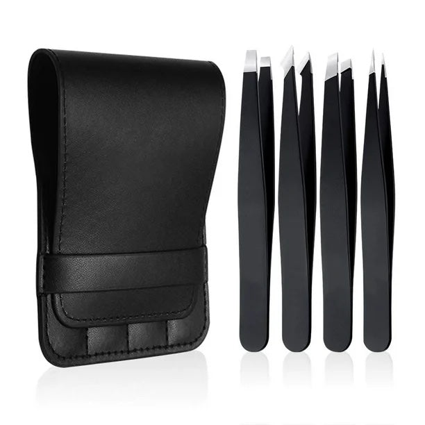 Black Stainless Steel Slant Tip and Pointed Eyebrow Tweezer Set with travel case, 4 Pcs (Pack): 100 Packs
