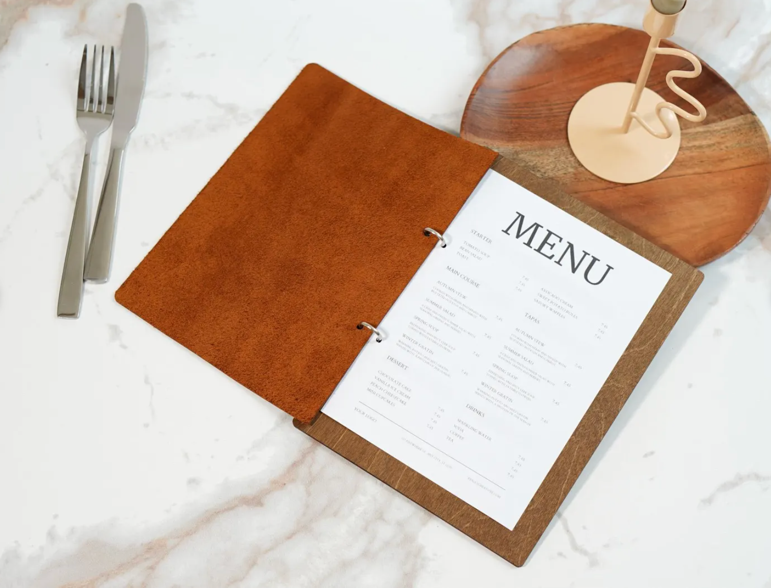 Divris Wooden Menu Cover with Dark Brown PU Leather Flap