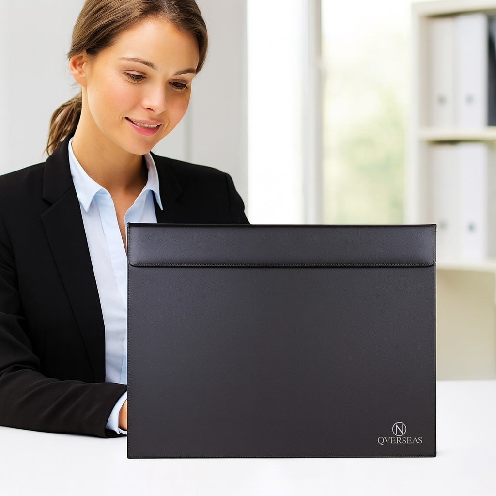 Large Rectangle Desk Writing Pad & Drawing Board with Magnetic Paper Clip – 18×14" Black Desk Blotter for Hotel Front Desk, Reception, Office & Planner Use