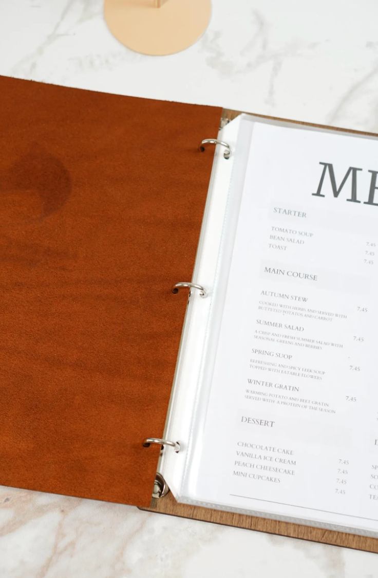 Divris Wooden Menu Cover with Dark Brown PU Leather Flap