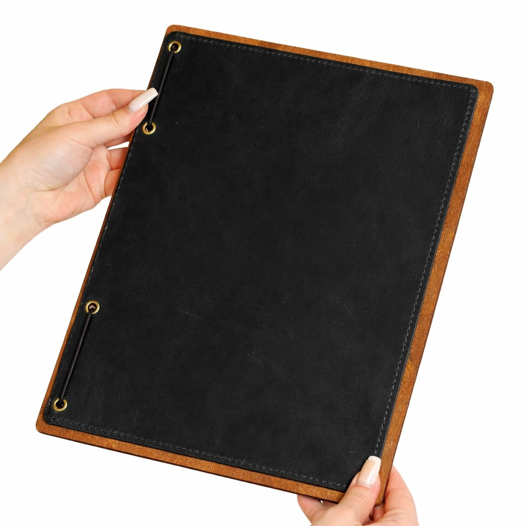 Divris  Wooden Menu Cover with Dark Brown PU Leather Closing