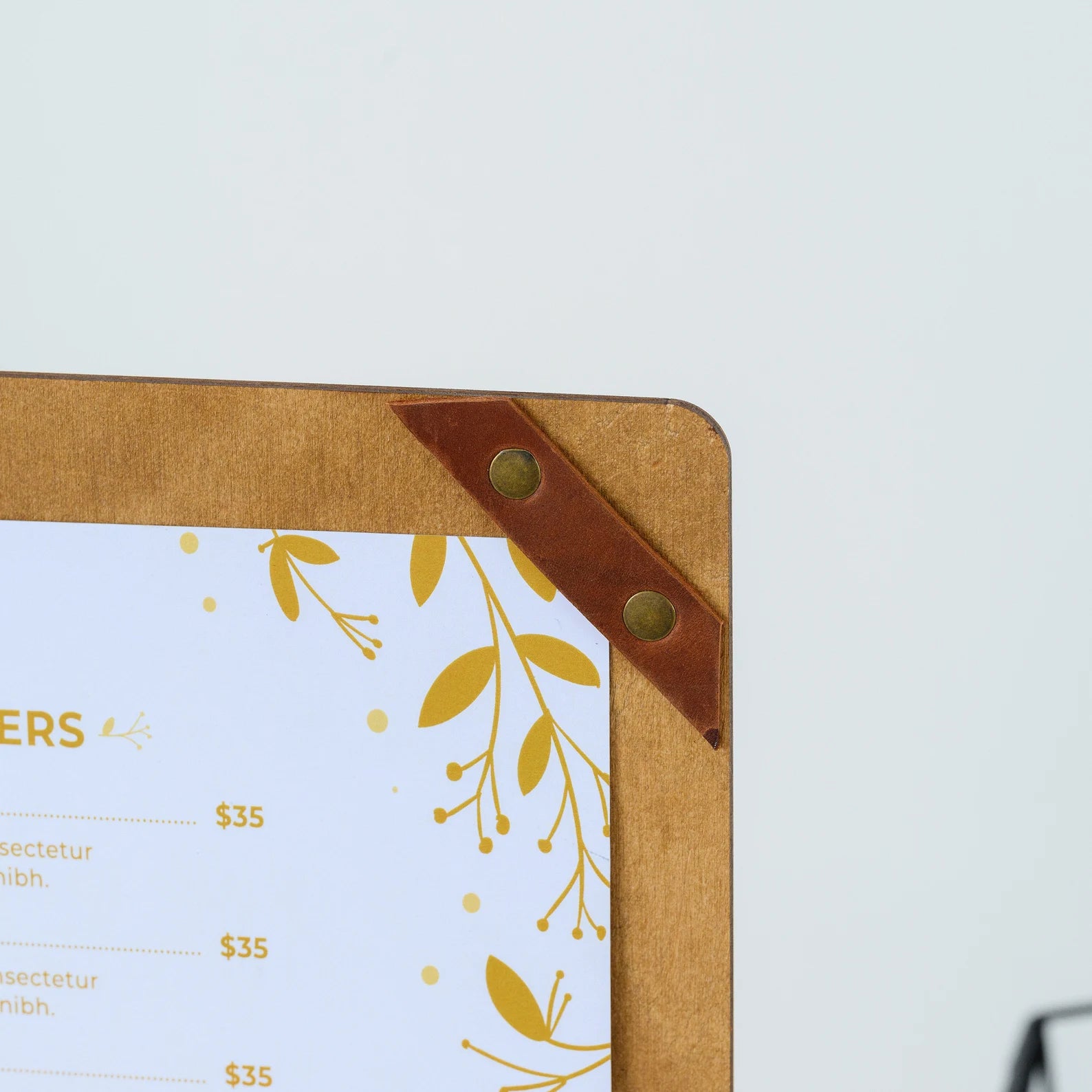 Divris Wooden Menu Pad with leather strap corners