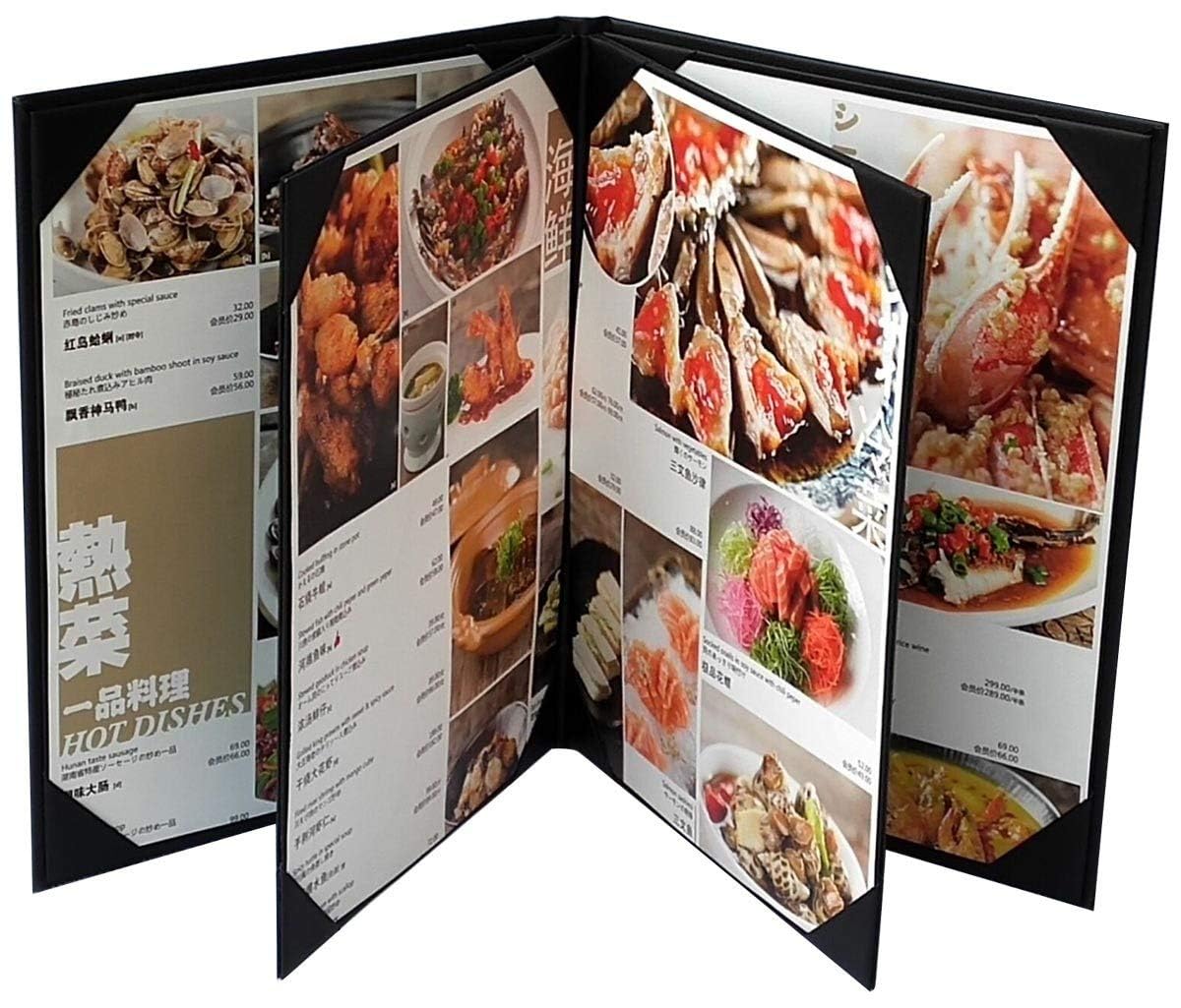Restaurant Leather Menu Covers Folder 9x12" Inches, 4 panel 6 view folder: Black
