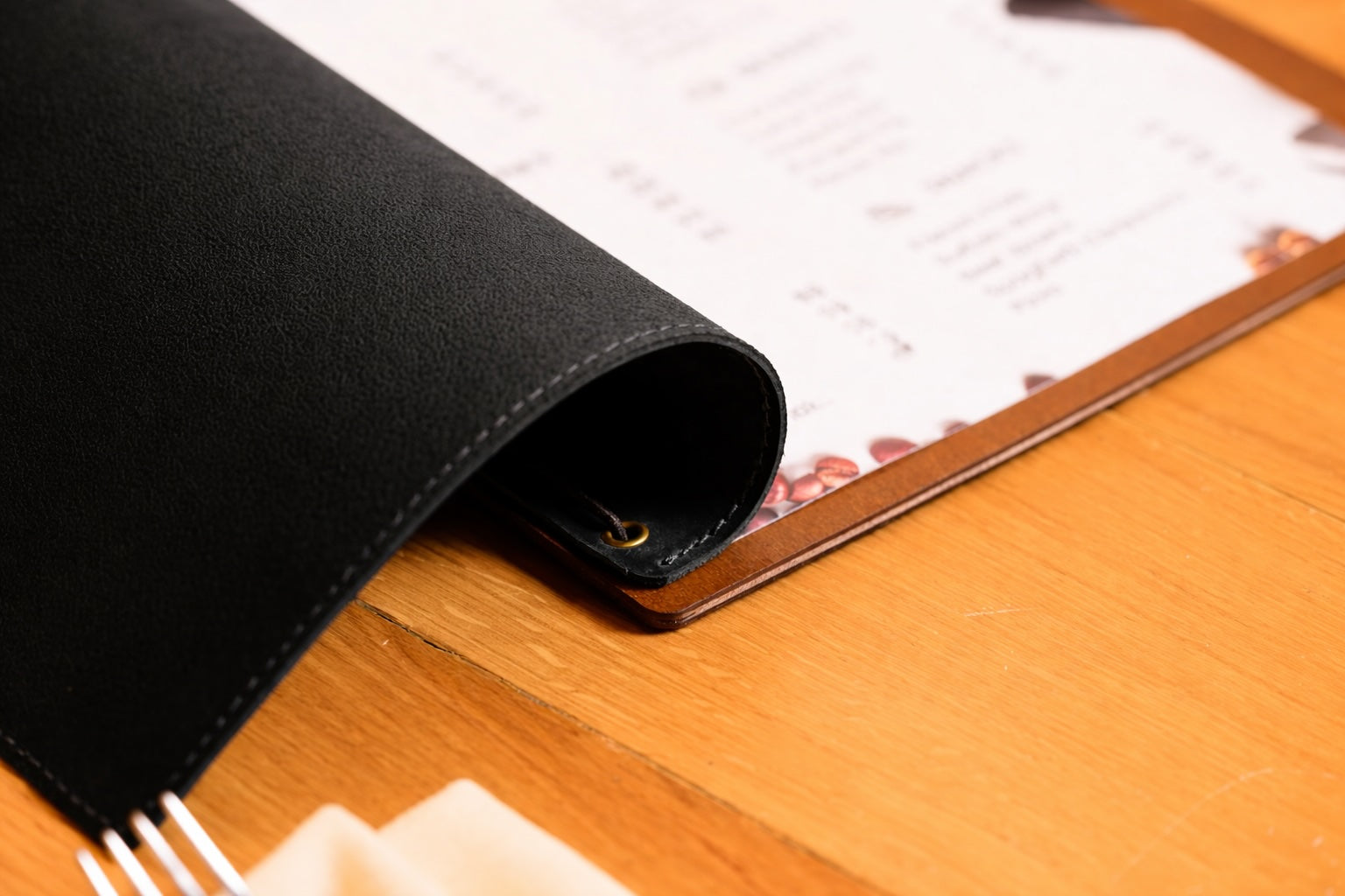 Divris  Wooden Menu Cover with Dark Brown PU Leather Closing