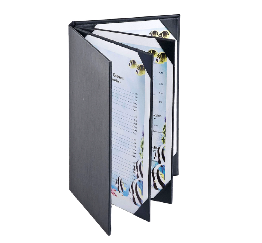 Restaurant Leather Menu Covers Folder 9x12" Inches, 4 panel 6 view folder: Black