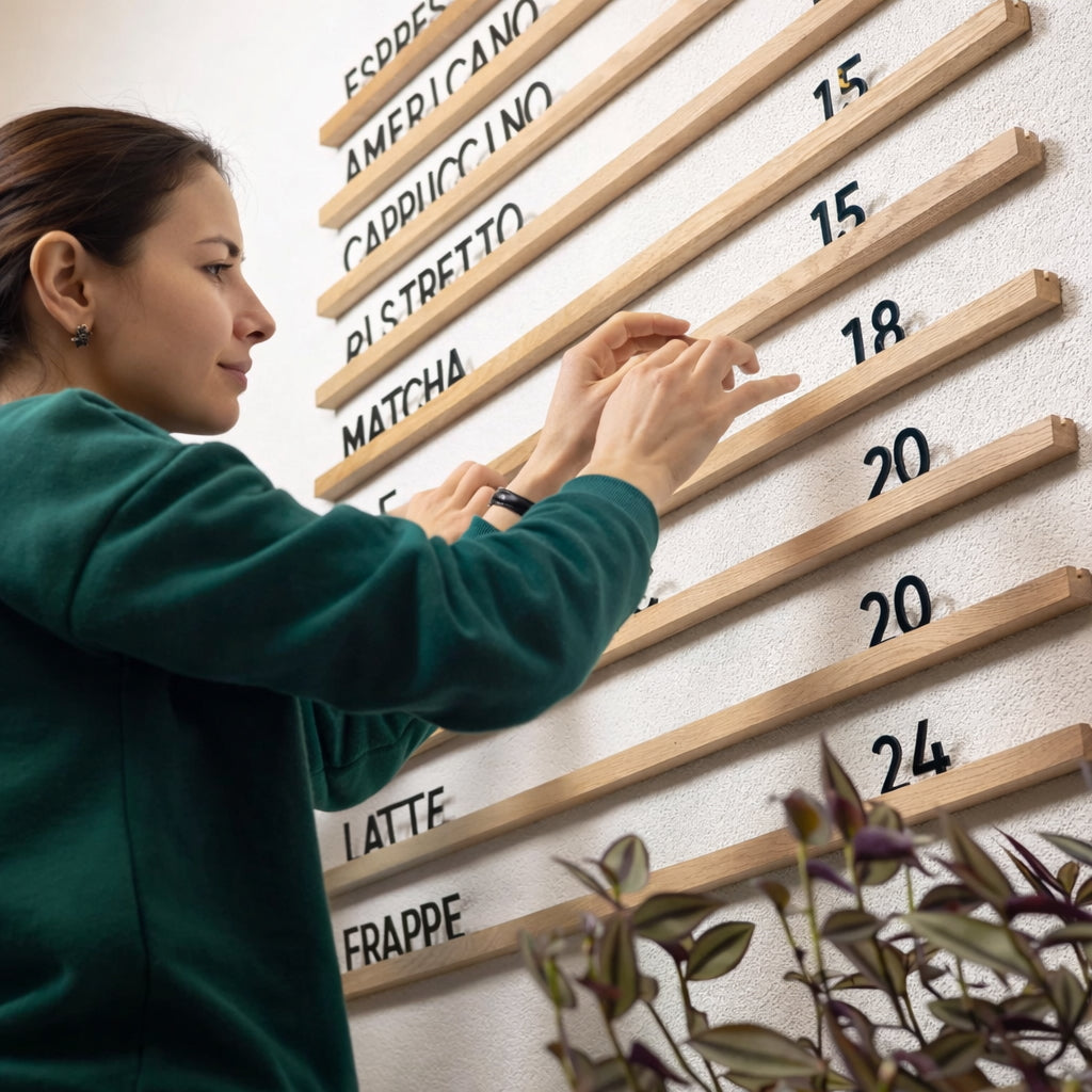 Menu Board, Wall menu, Changeable Letter Board, Cafe Menu Holder, Bakery Menu, Hanging Cafe Menu Sign, Pine Wood Menu Rails: (10 Wooden Rail with 400 Letters)
