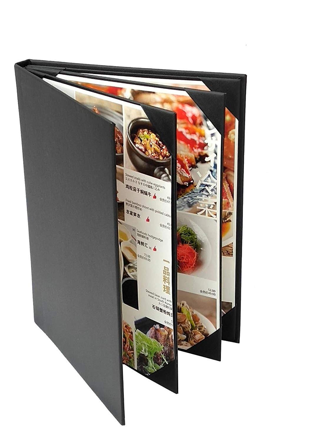 Restaurant Leather Menu Covers Folder 9x12" Inches, 4 panel 6 view folder: Black