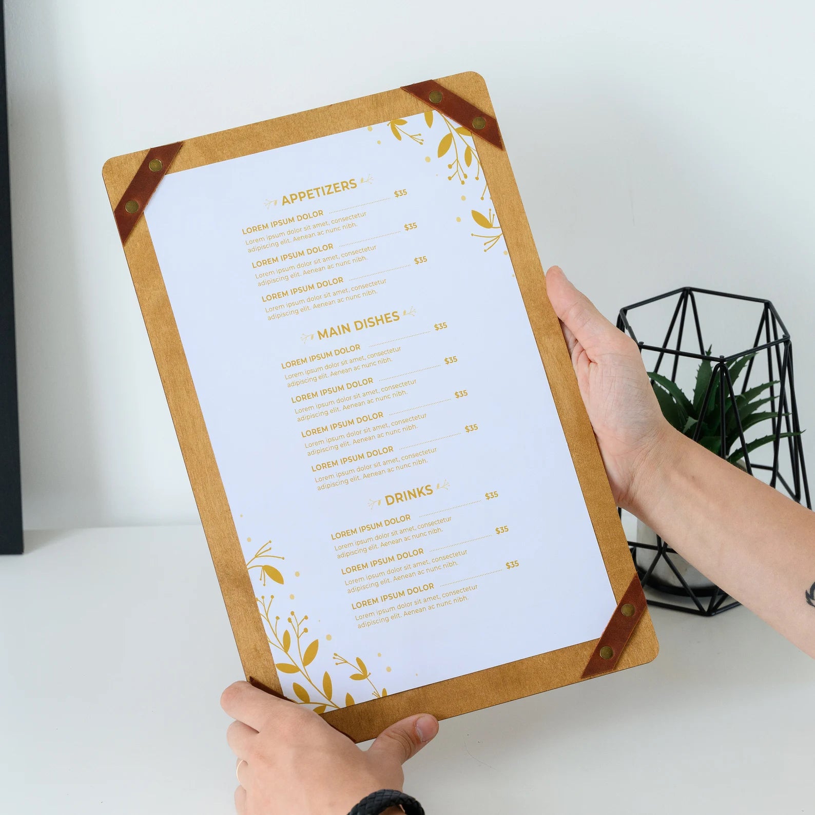 Divris Wooden Menu Pad with leather strap corners