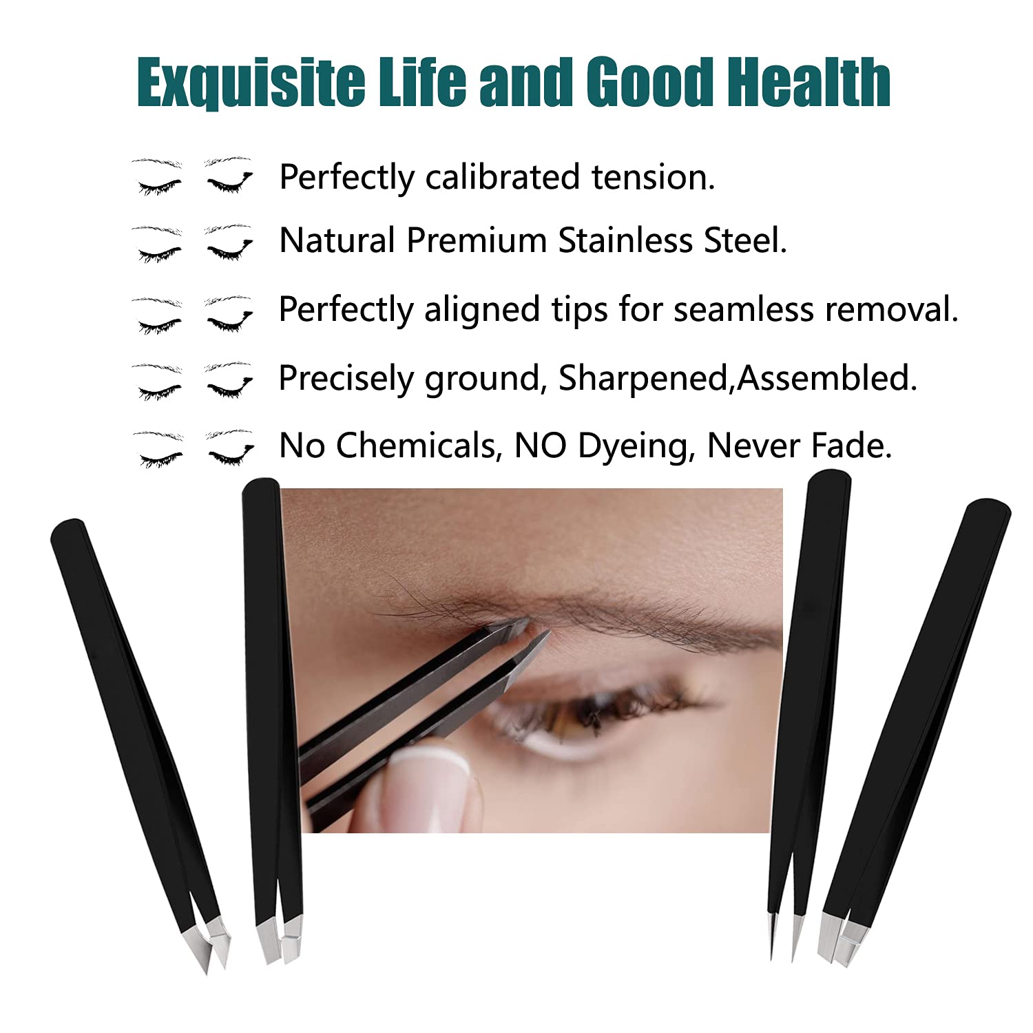 Black Stainless Steel Slant Tip and Pointed Eyebrow Tweezer Set with travel case, 4 Pcs (Pack): 100 Packs