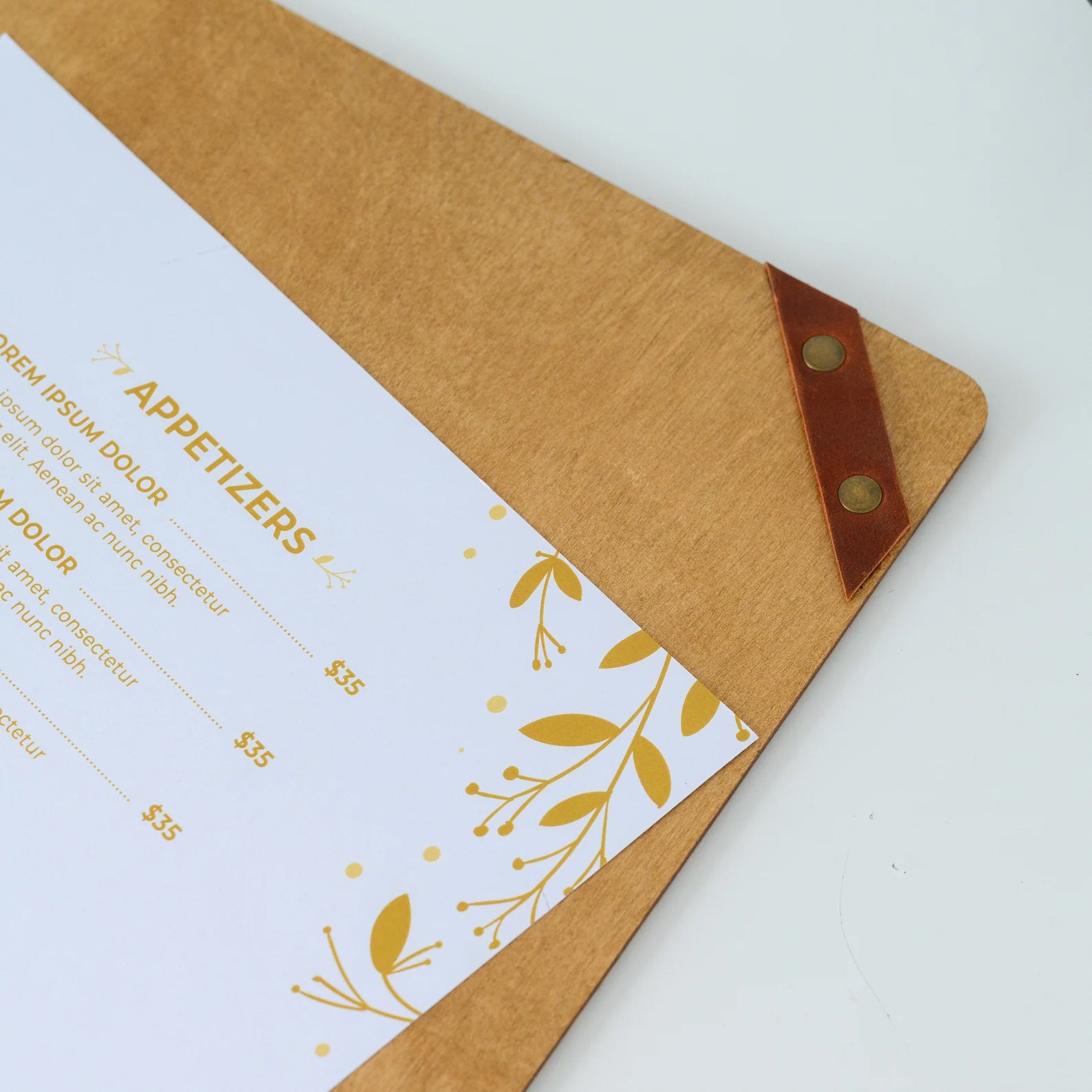 Divris Wooden Menu Pad with leather strap corners