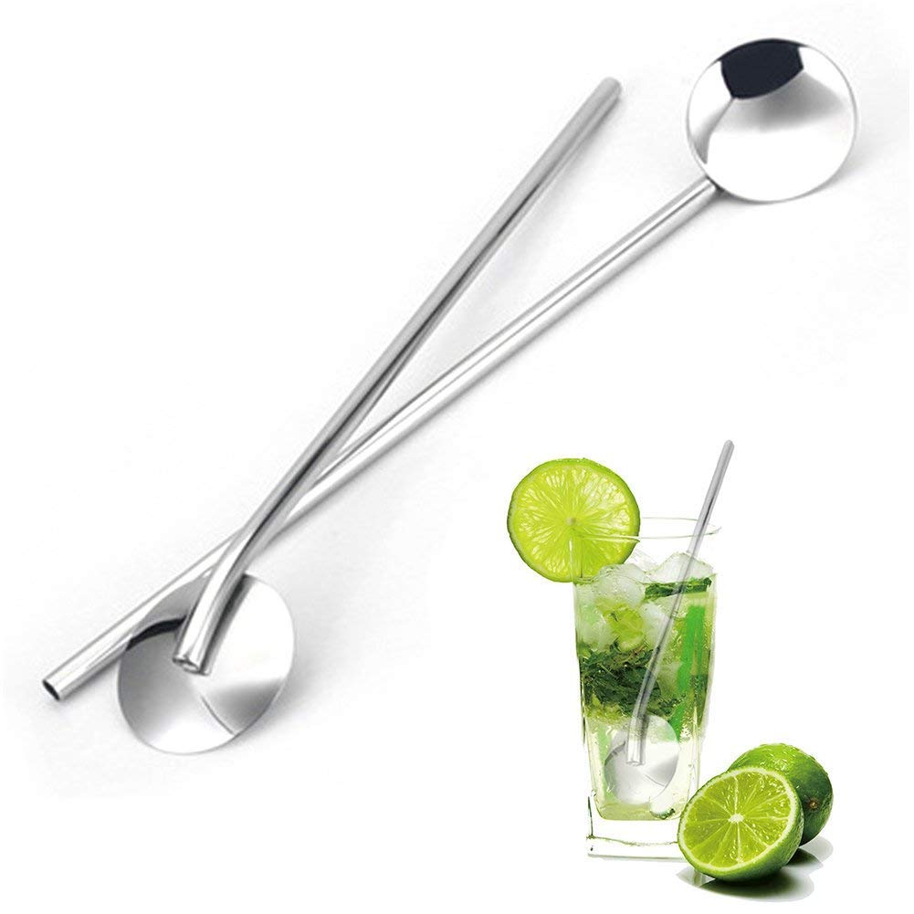 Reusable Stainless Steel Drinking Spoon Straws 8 '', Food Grade Reusable Straw Stirrer for Restaurant, Hotel and Home Use with Cleaning Brush