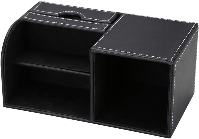 Desk Organiser Office Supplies Caddy PU Leather Multi-function Storage Box Pen/Pencil,Cell phone, Business Name Cards Remote Control Holder with Small Drawer Black