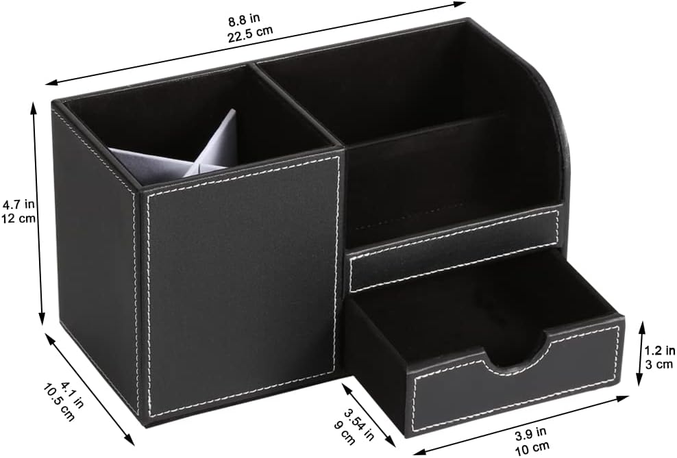 Desk Organiser Office Supplies Caddy PU Leather Multi-function Storage Box Pen/Pencil,Cell phone, Business Name Cards Remote Control Holder with Small Drawer Black