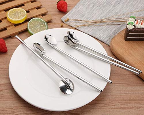 Reusable Stainless Steel Drinking Spoon Straws 8 '', Food Grade Reusable Straw Stirrer for Restaurant, Hotel and Home Use with Cleaning Brush