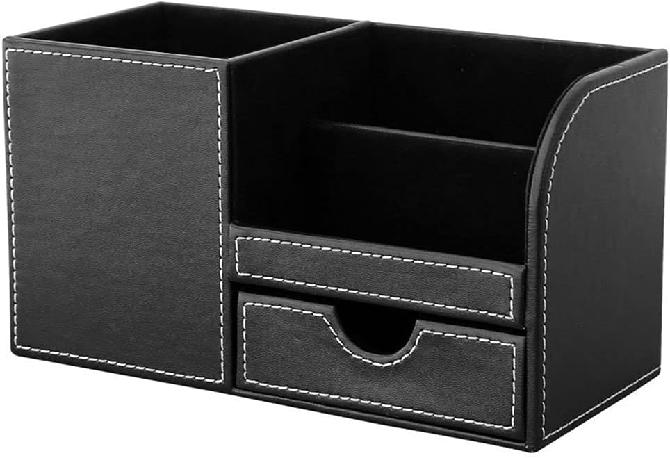 Desk Organiser Office Supplies Caddy PU Leather Multi-function Storage Box Pen/Pencil,Cell phone, Business Name Cards Remote Control Holder with Small Drawer Black