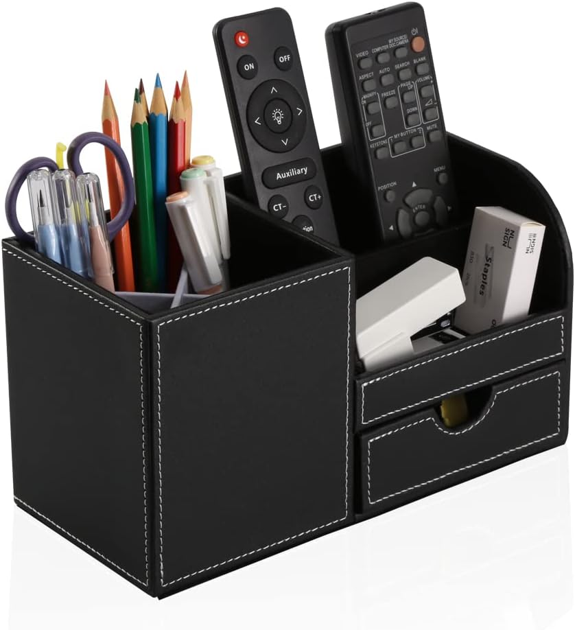 Desk Organiser Office Supplies Caddy PU Leather Multi-function Storage Box Pen/Pencil,Cell phone, Business Name Cards Remote Control Holder with Small Drawer Black