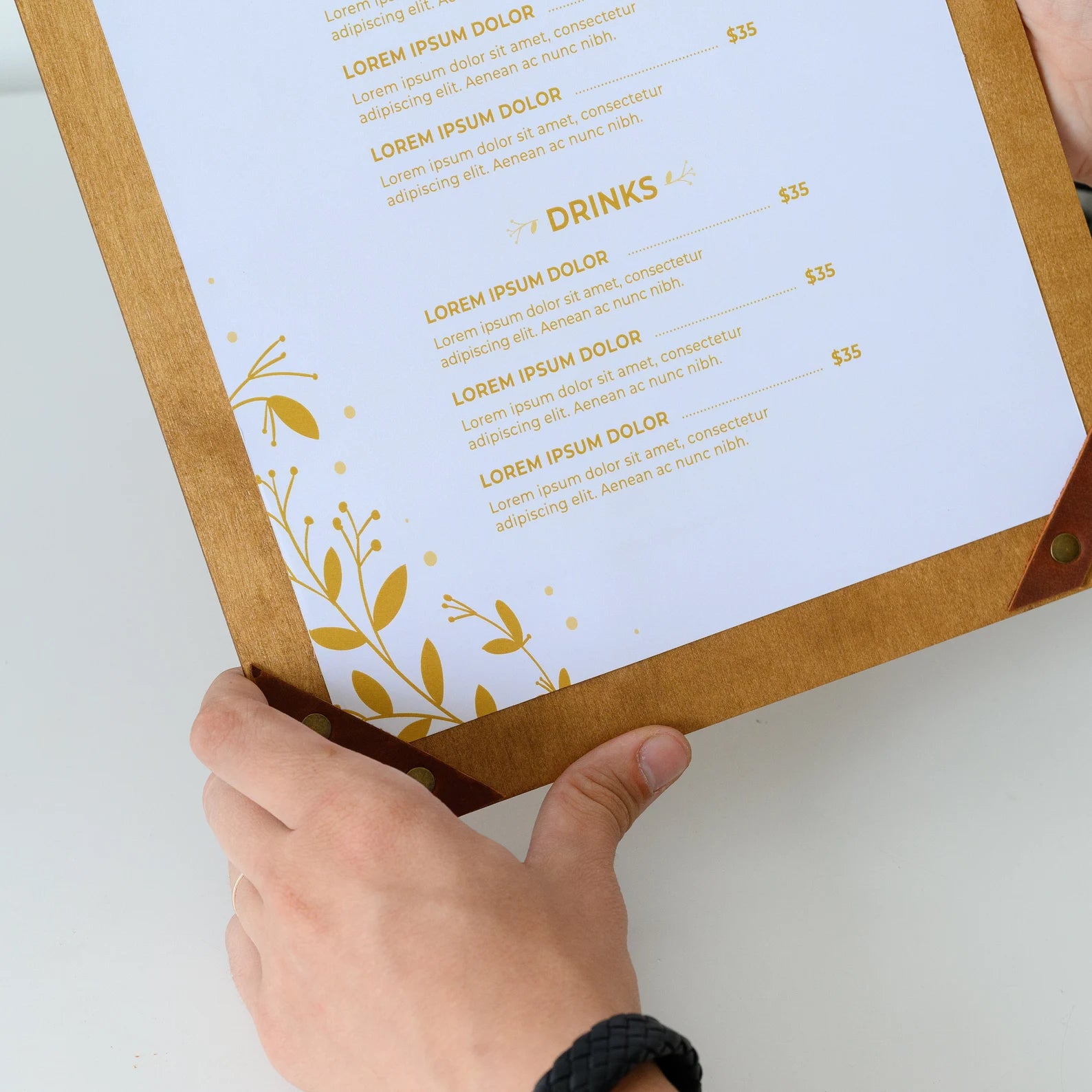 Divris Wooden Menu Pad with leather strap corners