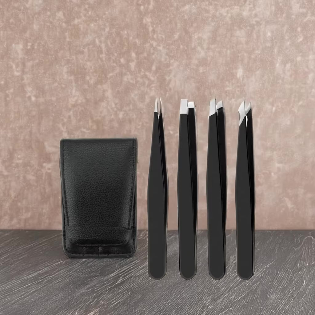 Black Stainless Steel Slant Tip and Pointed Eyebrow Tweezer Set with travel case, 4 Pcs (Pack): 100 Packs