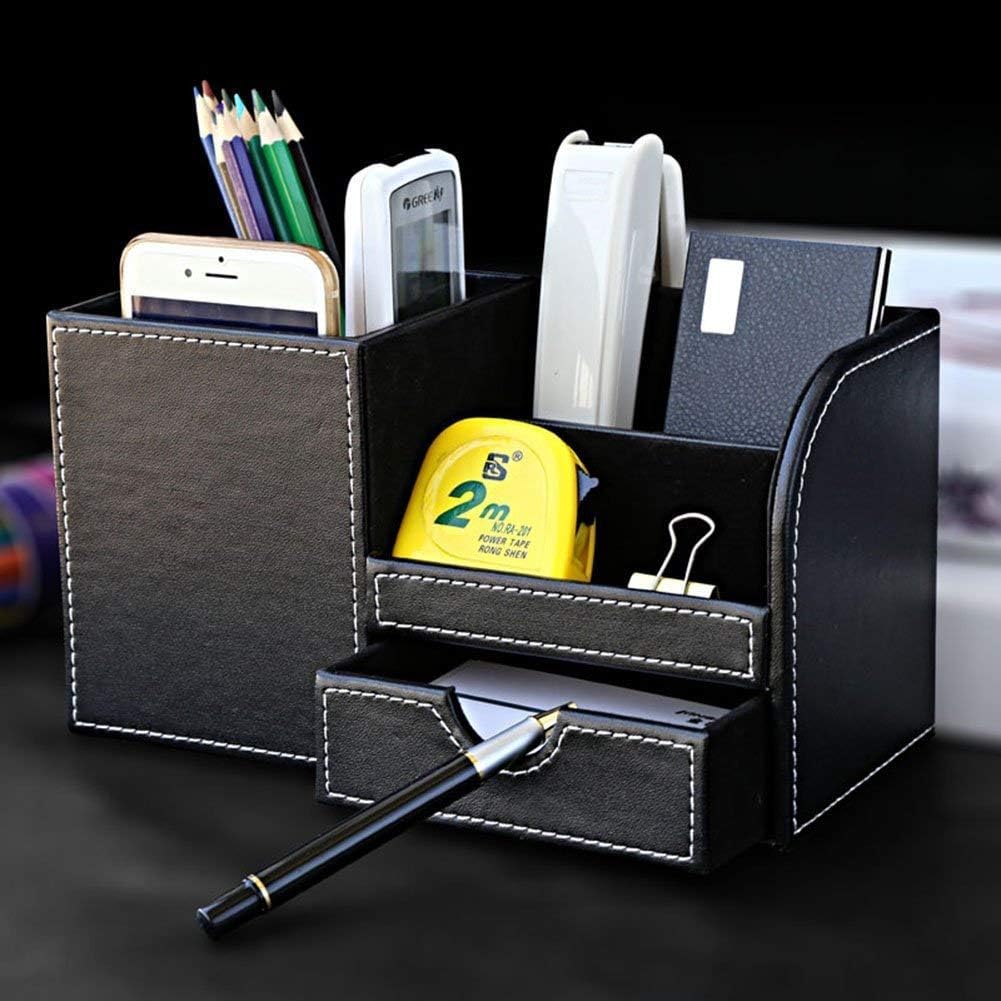 Desk Organiser Office Supplies Caddy PU Leather Multi-function Storage Box Pen/Pencil,Cell phone, Business Name Cards Remote Control Holder with Small Drawer Black