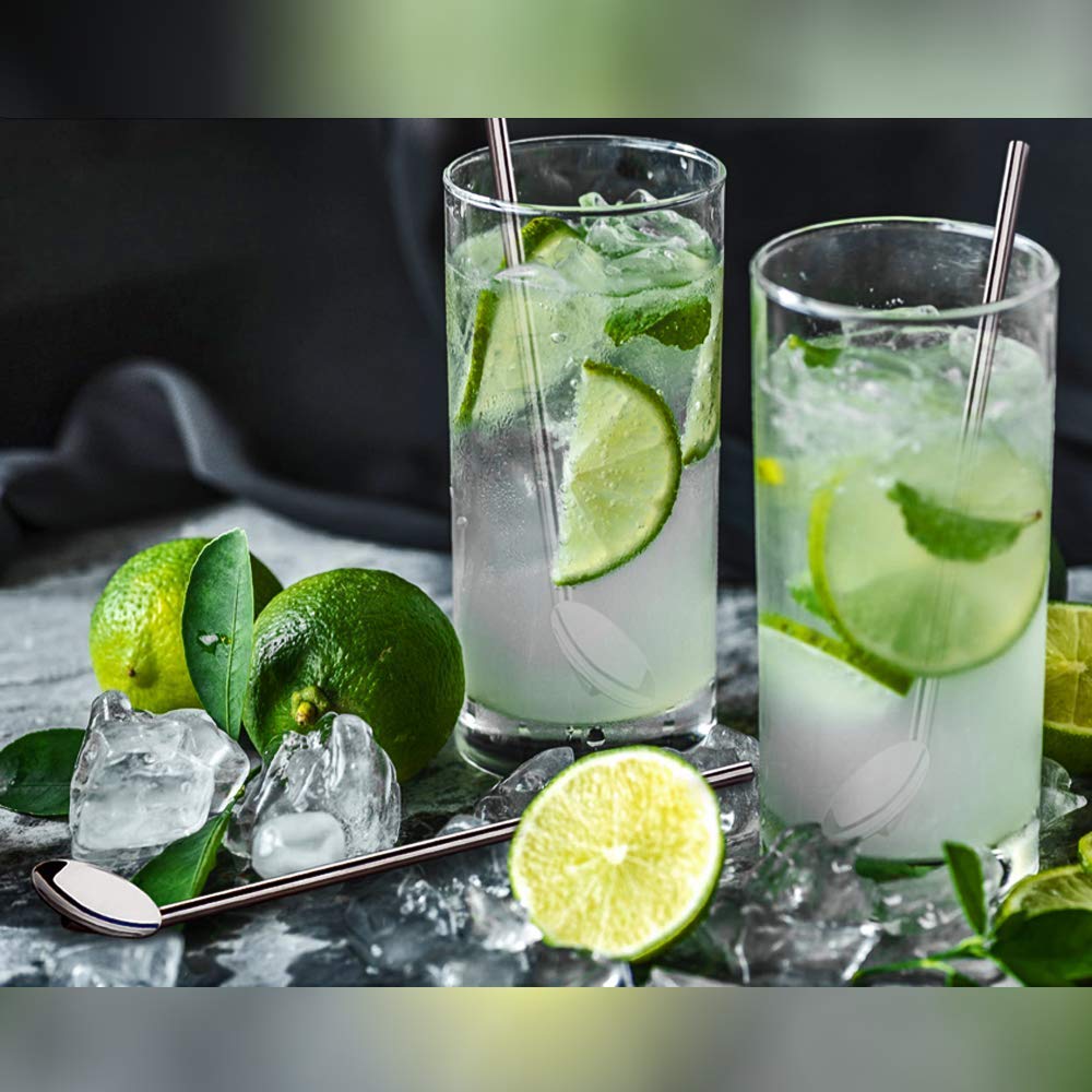 Reusable Stainless Steel Drinking Spoon Straws 8 '', Food Grade Reusable Straw Stirrer for Restaurant, Hotel and Home Use with Cleaning Brush