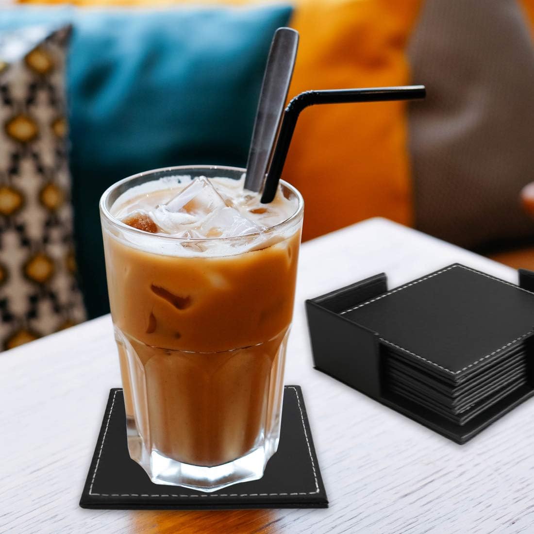 Leather Coasters Set of 6 with Holder- Protect Furniture from Water Marks &amp; Damage, PU Leather Drink Coasters Cup Mat&nbsp;