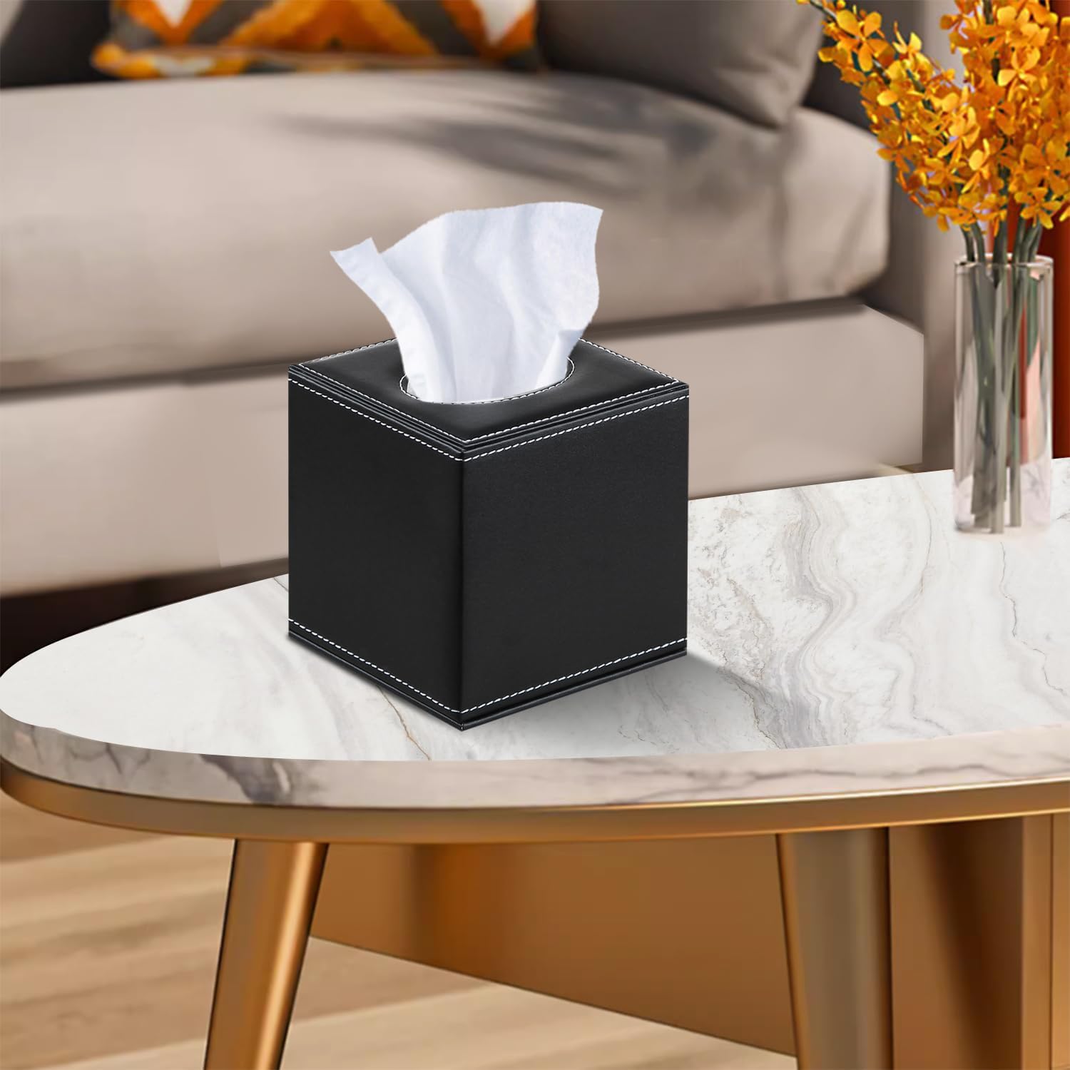 Tissue Box Cover Square PU Leather Facial Tissue Box Holder for Dresser Bathroom Decor
