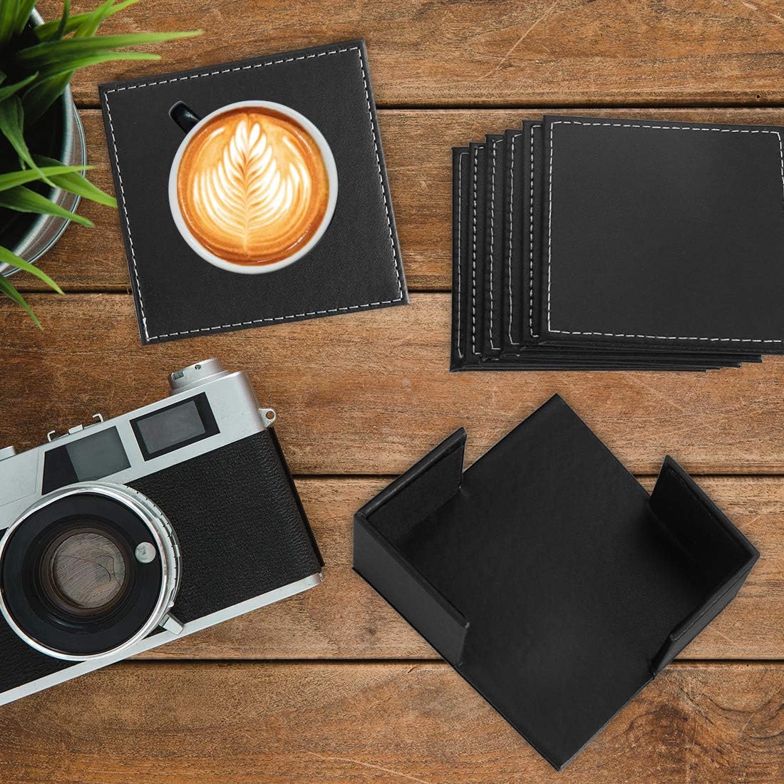 Leather Coasters Set of 6 with Holder- Protect Furniture from Water Marks &amp; Damage, PU Leather Drink Coasters Cup Mat&nbsp;