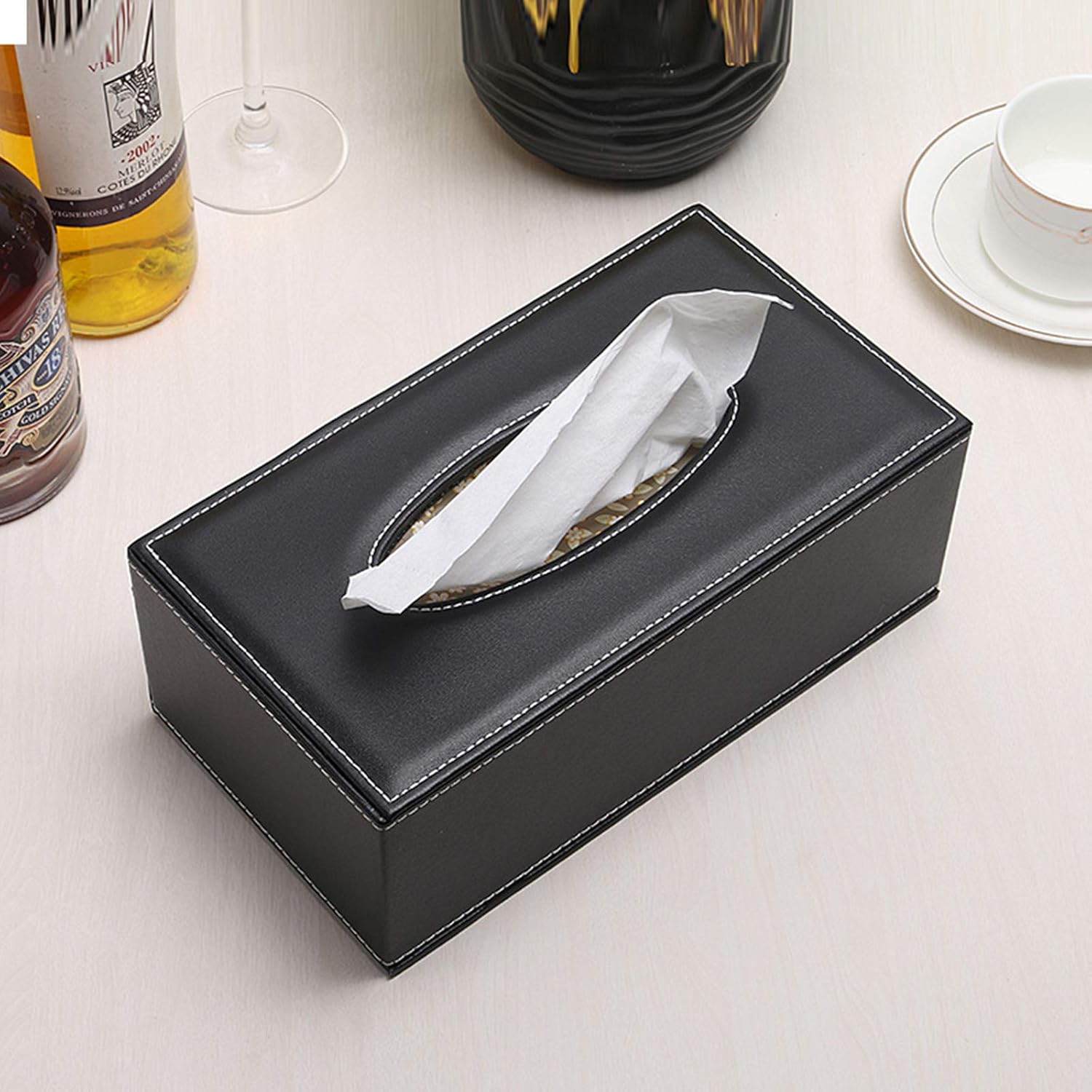 Tissue Box Cover Rectangular PU Leather Facial Tissue Box Holder for Dresser Bathroom Decor