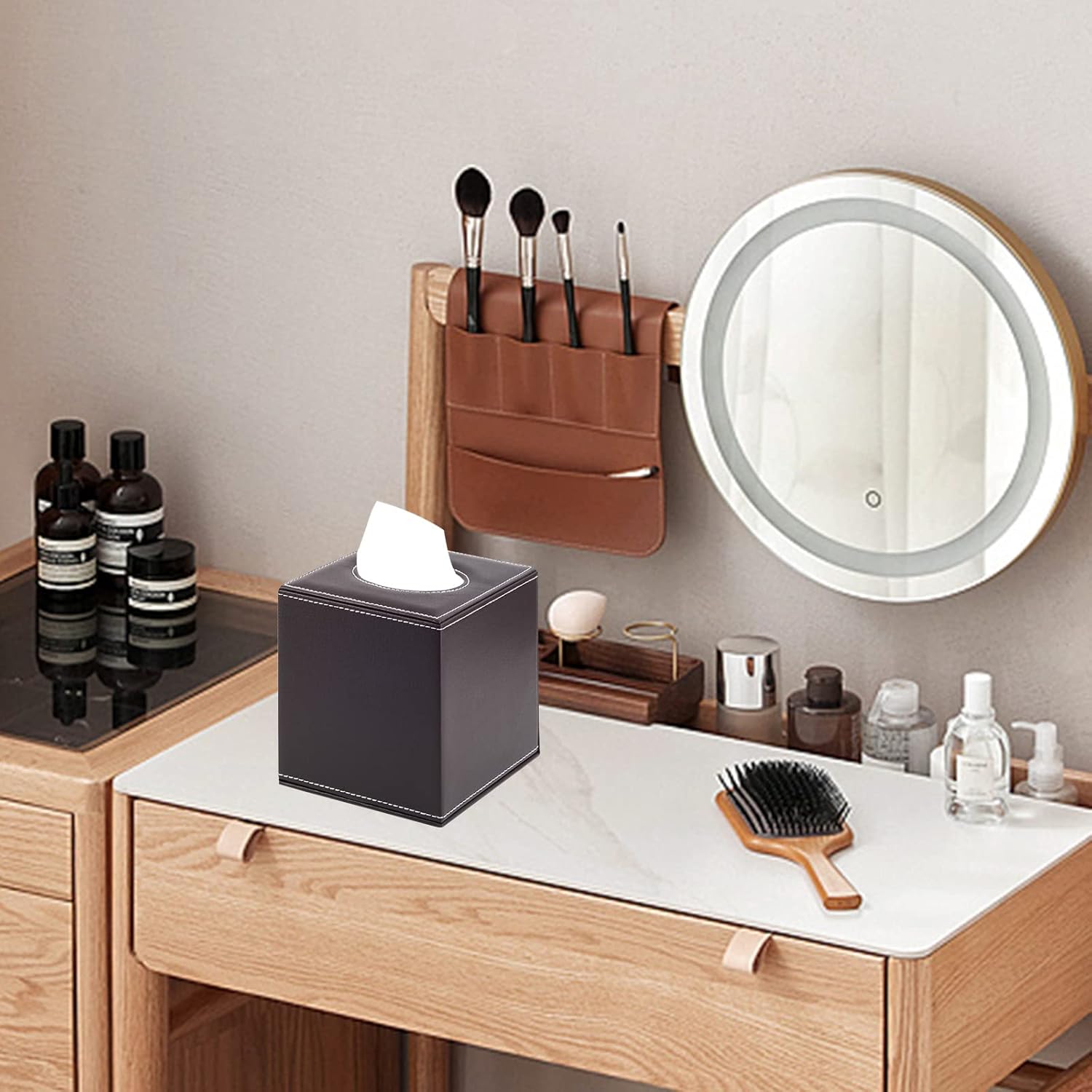 Tissue Box Cover Square PU Leather Facial Tissue Box Holder for Dresser Bathroom Decor