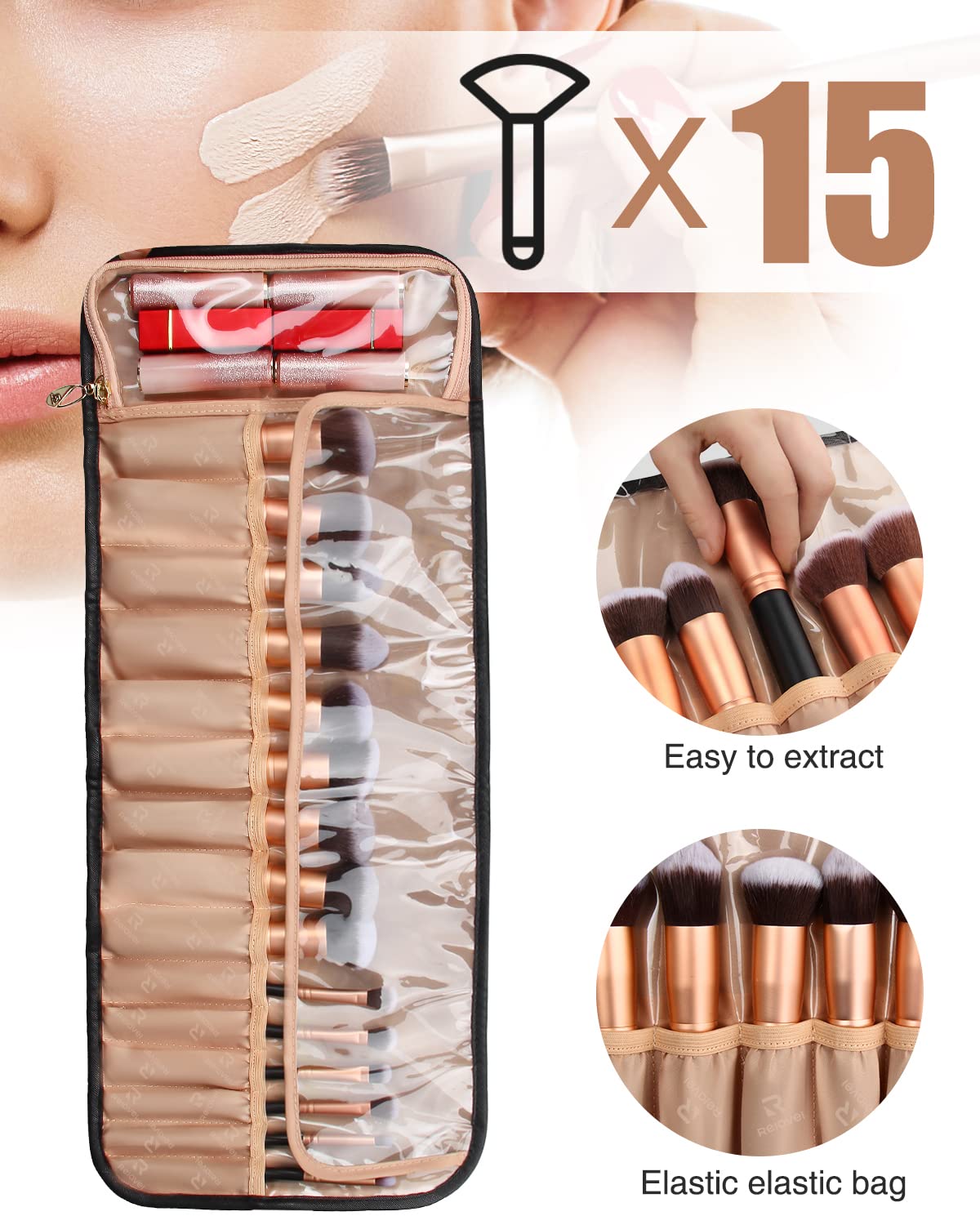 Makeup brush rolling case pouch holder Cosmetic bag organiser Travel portable 18 pockets Cosmetics Brushes Black Leather