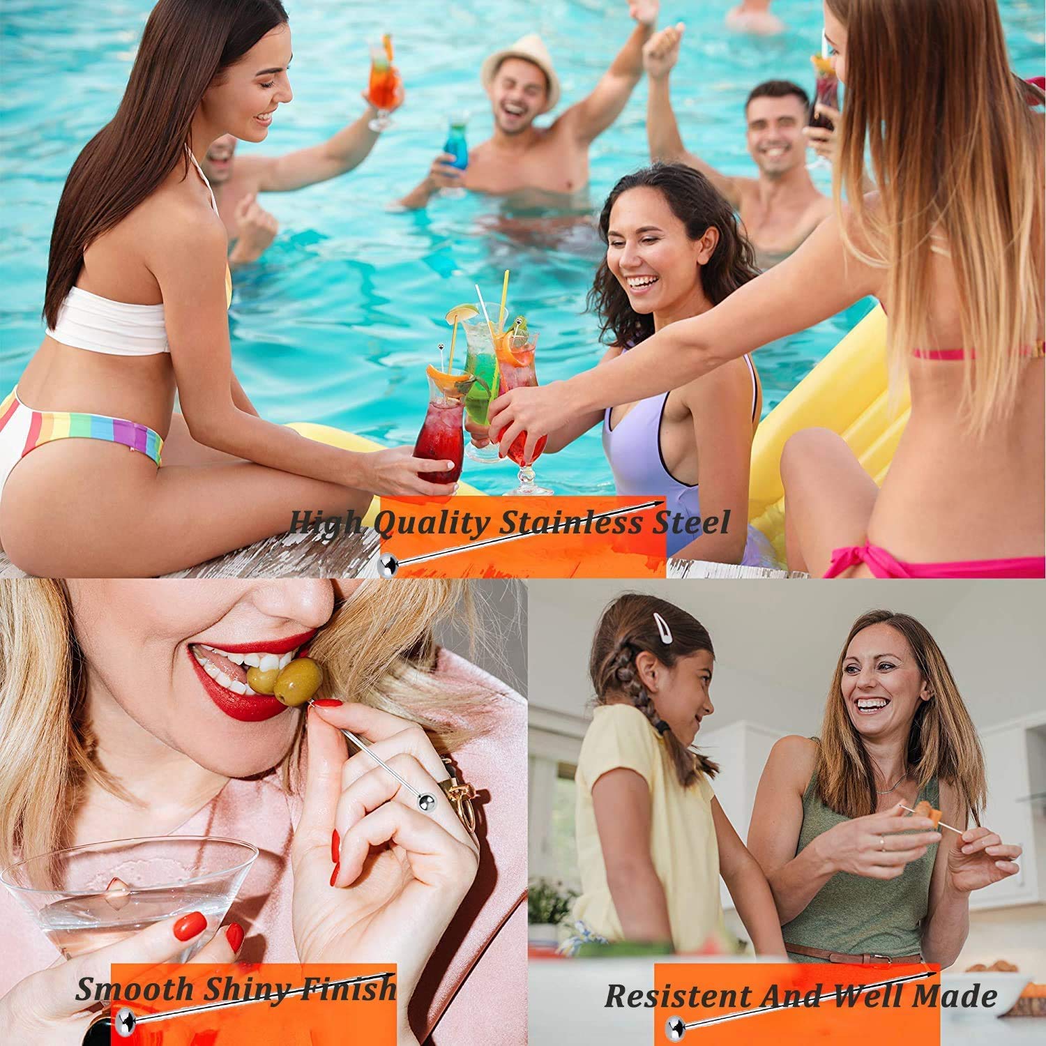 Cocktail Picks 304 Stainless Steel Martini Olive Skewers Reusable Sticks Starter Toothpicks Fruit Stick, Perfect for Party Home