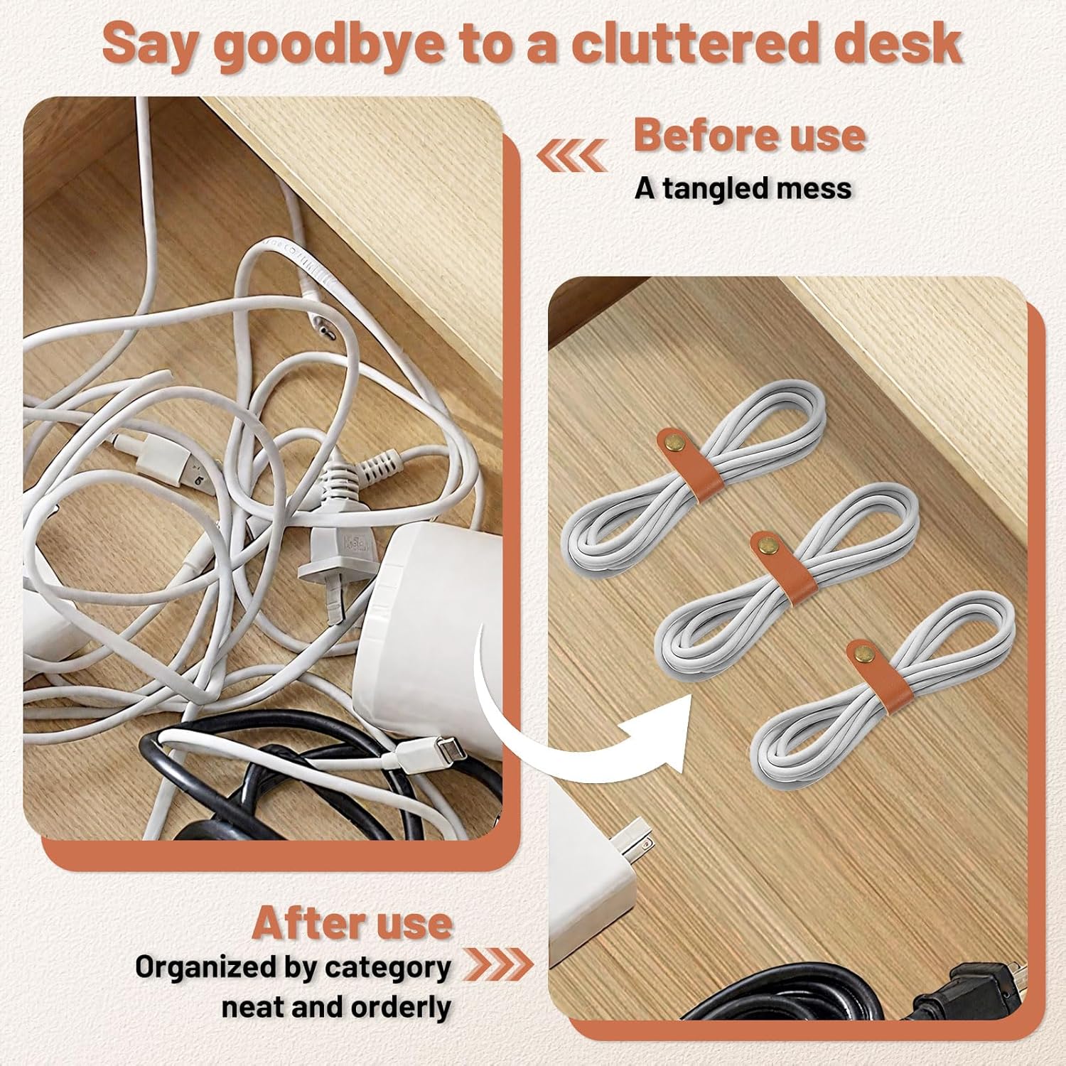Leather Cord Organizer Straps, Reusable Cable Straps, Wire Fixer, for Travel Charging Cords USB Cable Headphone Wires