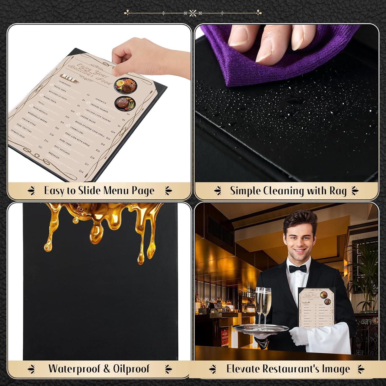 Single Black Restaurant Menu Cover , Cocktail Display, Bar Folder, Single View Menu Holder for Restaurant, Bar, Lounge, Drinks, Wine List: A4 Size