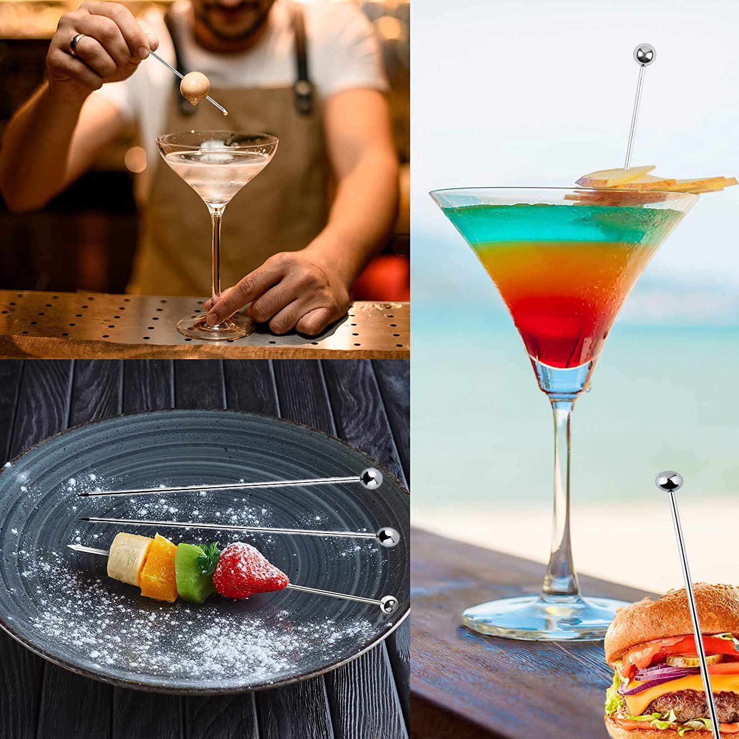 Cocktail Picks 304 Stainless Steel Martini Olive Skewers Reusable Sticks Starter Toothpicks Fruit Stick, Perfect for Party Home