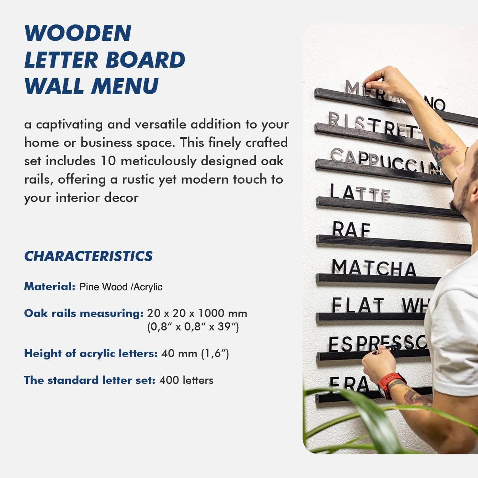 Menu Board, Wall menu, Changeable Letter Board, Cafe Menu Holder, Bakery Menu, Hanging Cafe Menu Sign, Pine Wood Menu Rails: (10 Wooden Rail with 400 Letters)