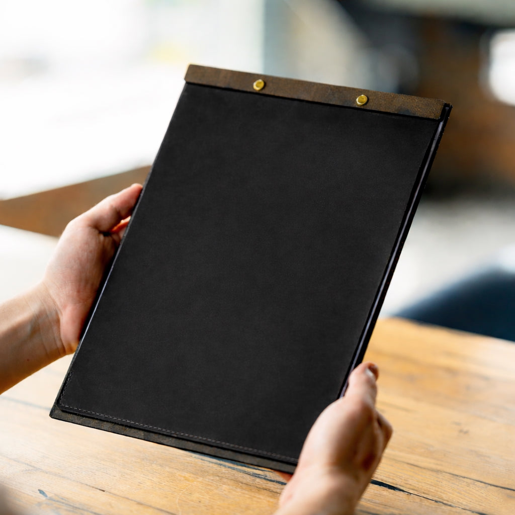 Divris  Wooden Menu Cover with Dark PU Leather Closing