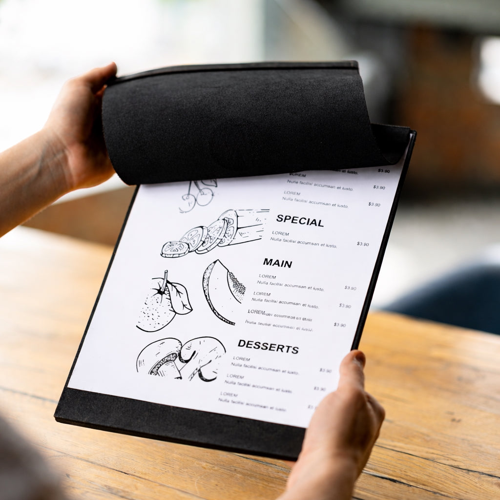 Divris  Wooden Menu Cover with Dark PU Leather Closing