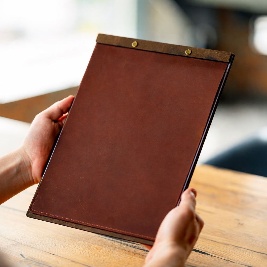 Divris  Wooden Menu Cover with Dark PU Leather Closing