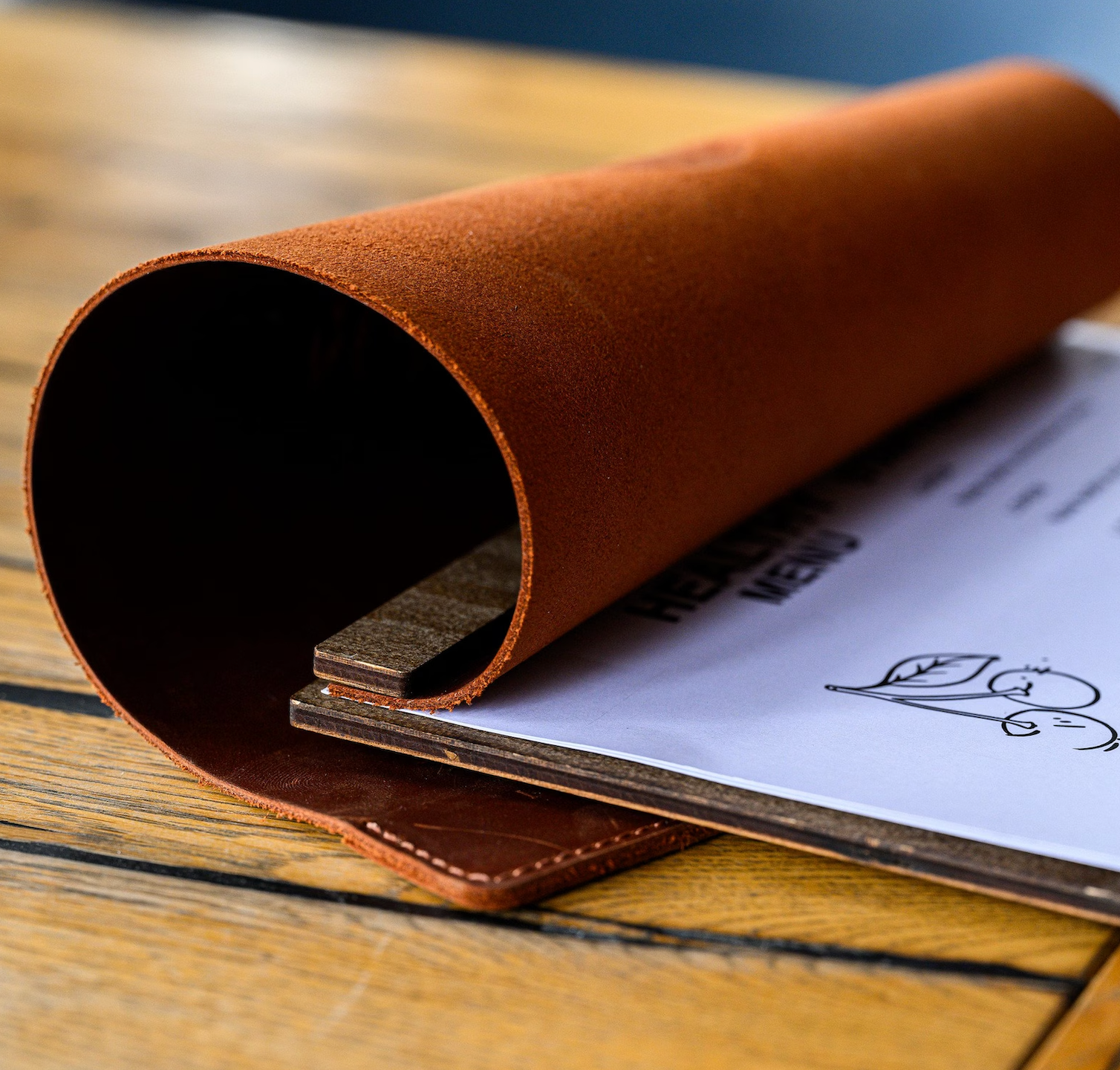 Divris  Wooden Menu Cover with Dark PU Leather Closing