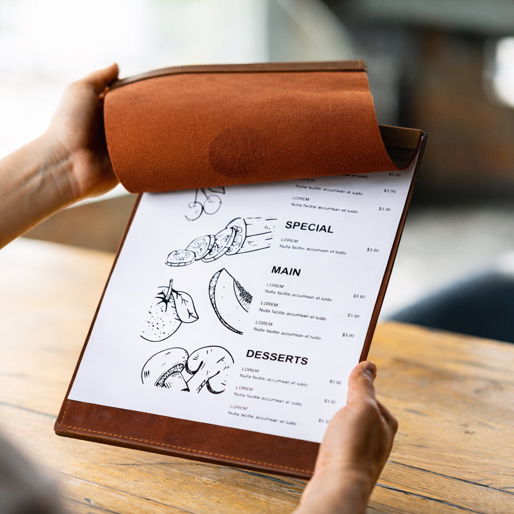 Divris  Wooden Menu Cover with Dark PU Leather Closing