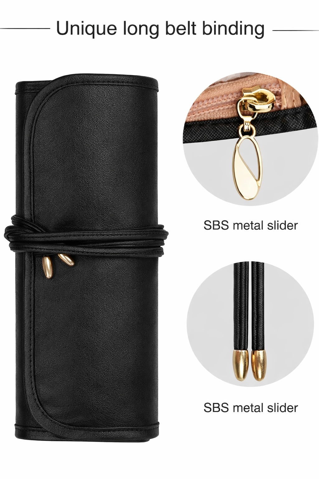 Makeup brush rolling case pouch holder Cosmetic bag organiser Travel portable 18 pockets Cosmetics Brushes Black Leather