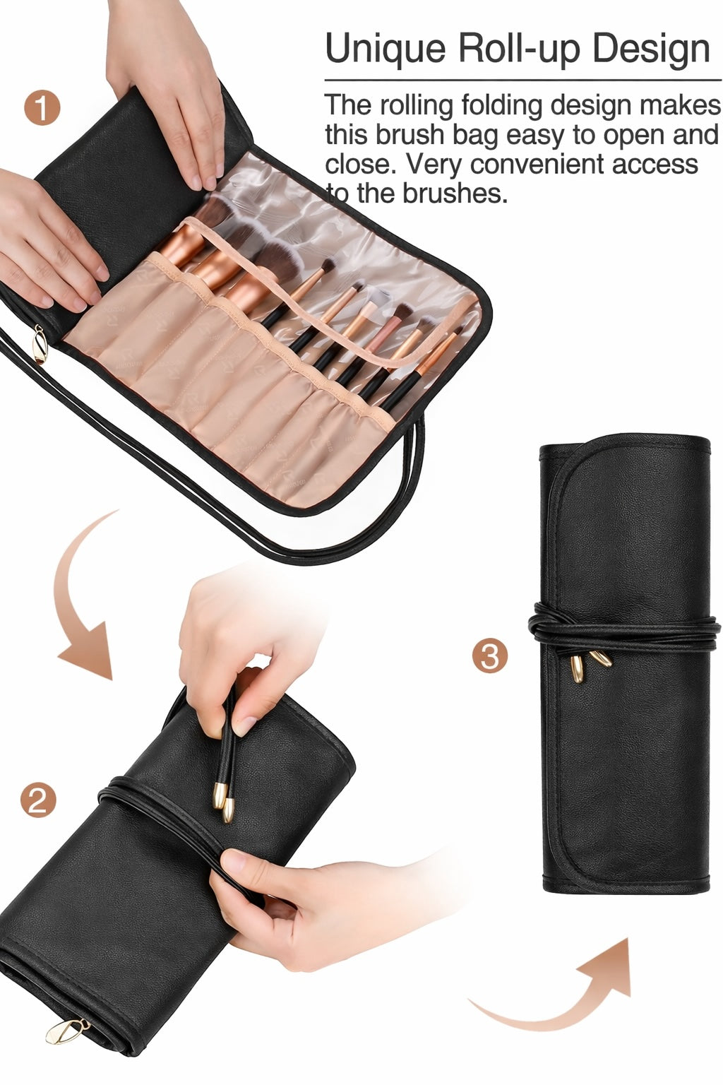 Makeup brush rolling case pouch holder Cosmetic bag organiser Travel portable 18 pockets Cosmetics Brushes Black Leather